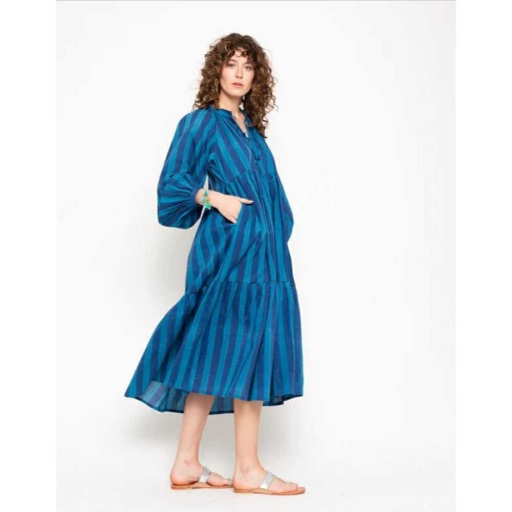 Matta Jaya Riviera Cotton Striped Balloon Sleeve Tiered Dress Capri Blue Size S
